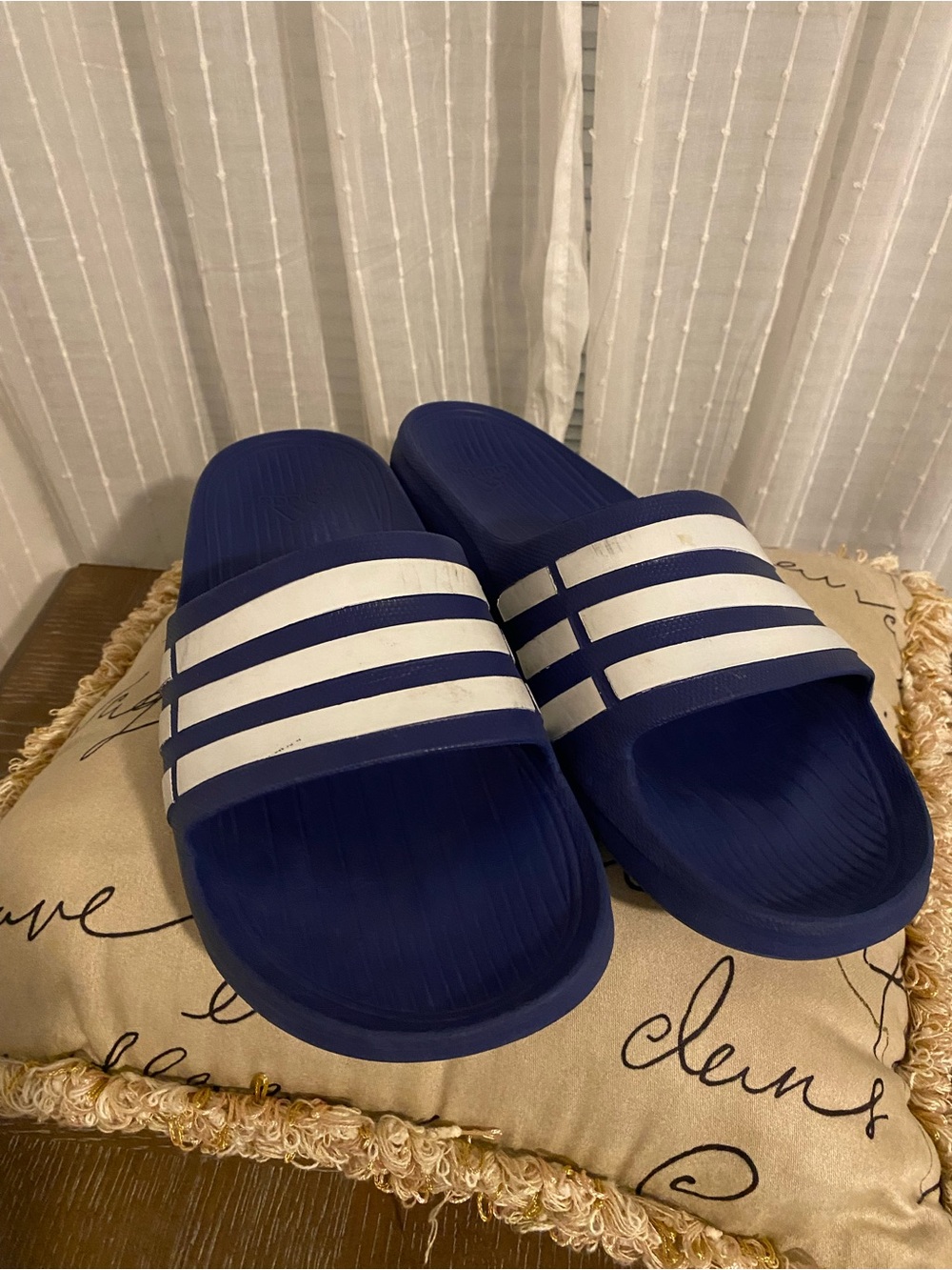 adidas Navy Blue Slide Sandals with White Stripes
